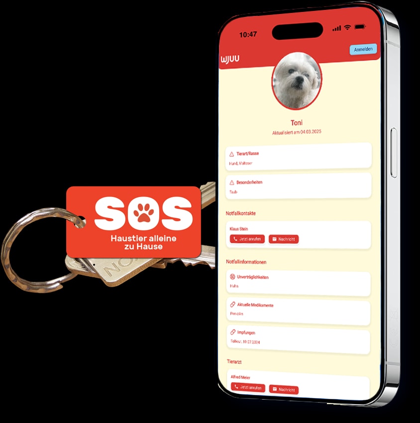 Notfallschlüsselanhänger mit App für Haustiere alleine zu Hause am Schlüsselbund